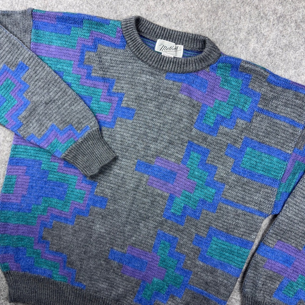 VTG Method Sweater Mens Large Gray Blue Geometric Abstract Wool Blend 90s Retro